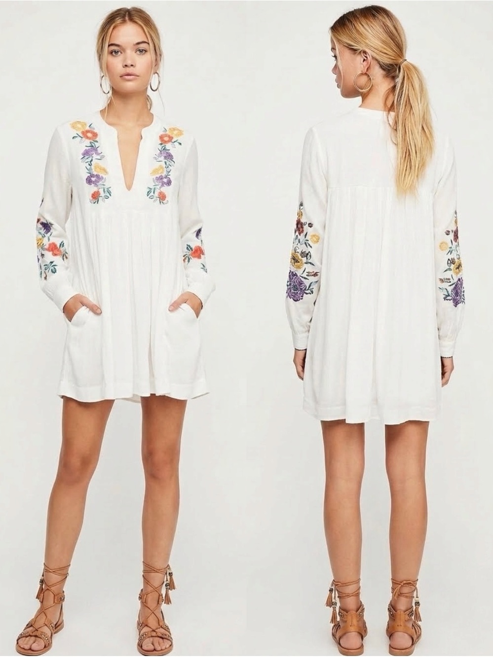 Free People Mia Gauze Embroidered Boho Mini Dress White Floral Pockets Small